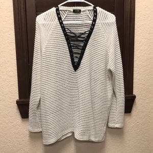 Black and white lace up front sweater